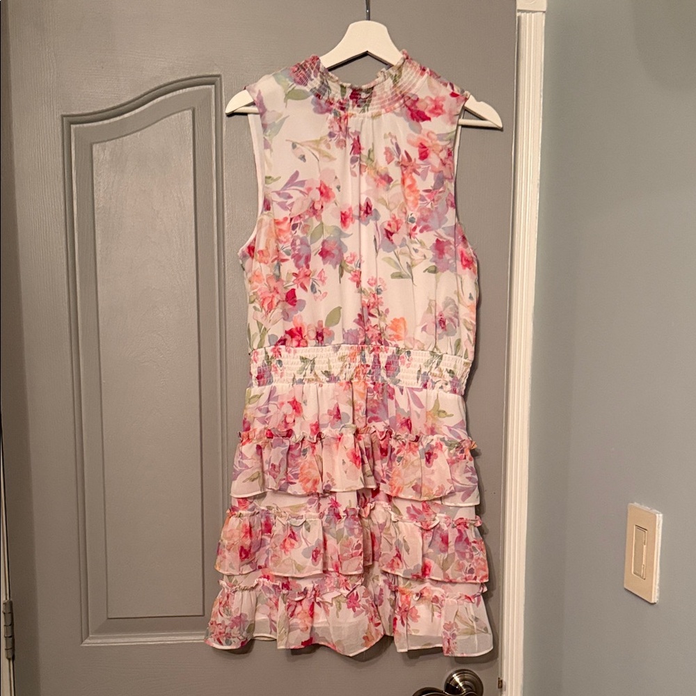 STATE Floral Ruffle Mini Dress - Pink and White